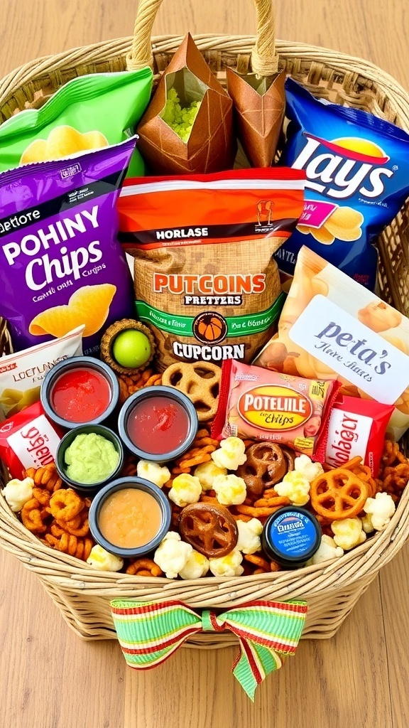 A vibrant chips hamper filled with assorted snacks including chips, dips, pretzels, and sweets.